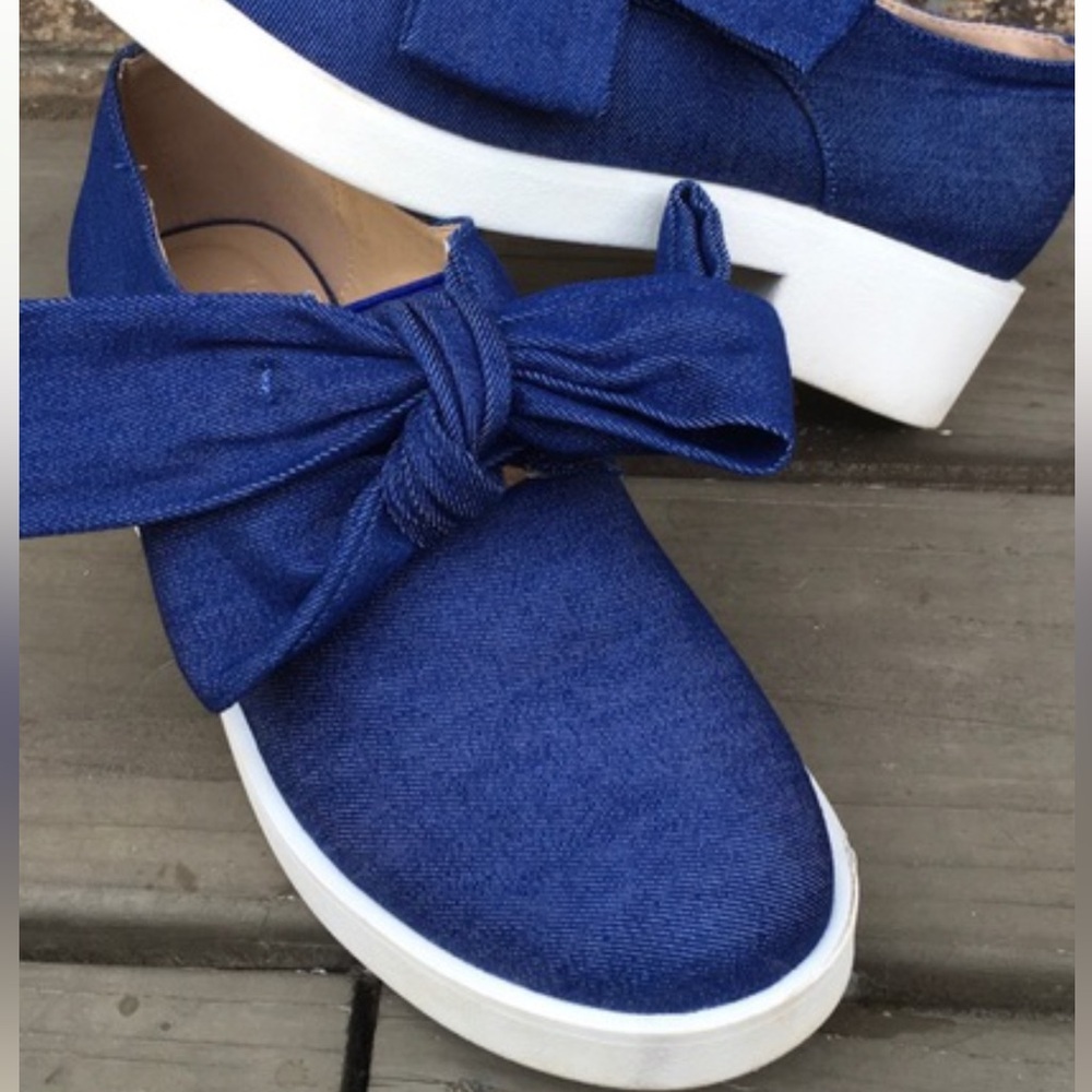 ASOS blue denim‎ fabric white chunky heels big Bow Accent Mary Jane shoes Sz 8